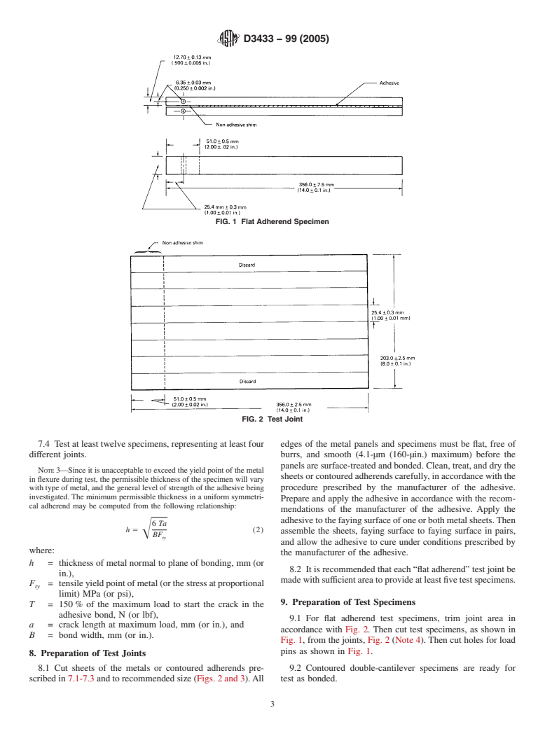 ASTM D3433-99(2005) - Standard Test Method for Fracture Strength in Cleavage of Adhesives in Bonded Metal Joints