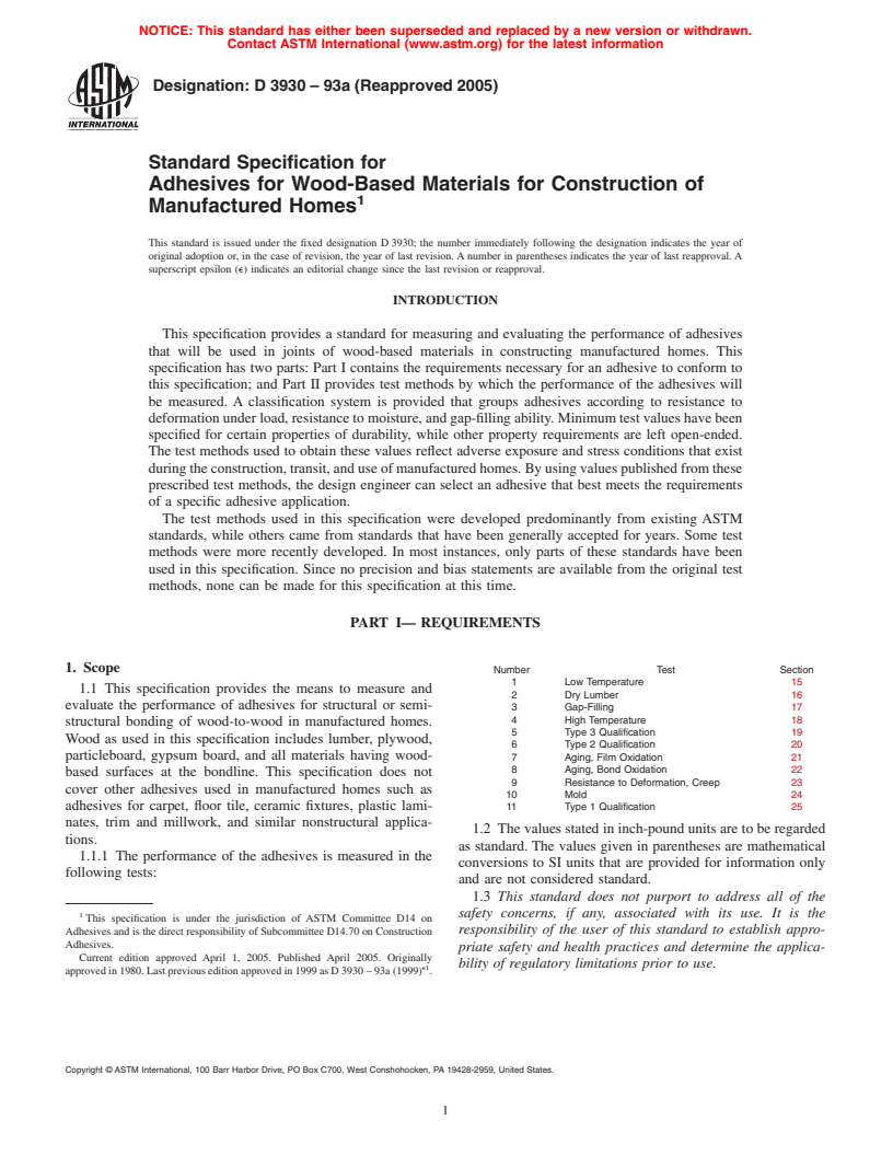 ASTM D3930-93a(2005) - Standard Specification for Adhesives for Wood-Based Materials for Construction of Manufactured Homes