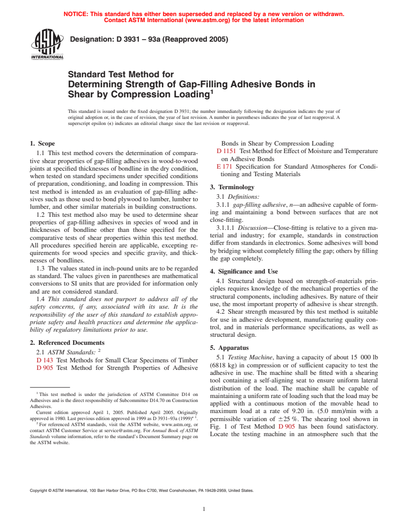 ASTM D3931-93a(2005) - Standard Test Method for Determining Strength of Gap-Filling Adhesive Bonds in Shear by Compression Loading