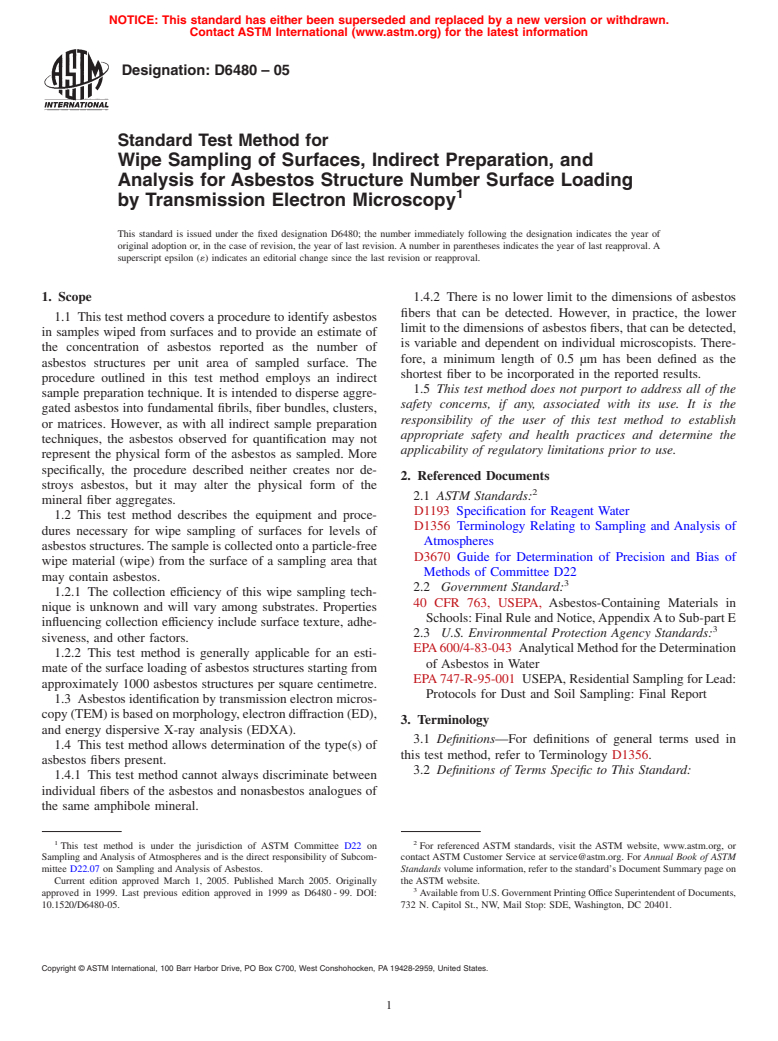 ASTM D6480-05 - Standard Test Method for Wipe Sampling of Surfaces, Indirect Preparation, and Analysis for Asbestos Structure Number Concentration by Transmission Electron Microscopy