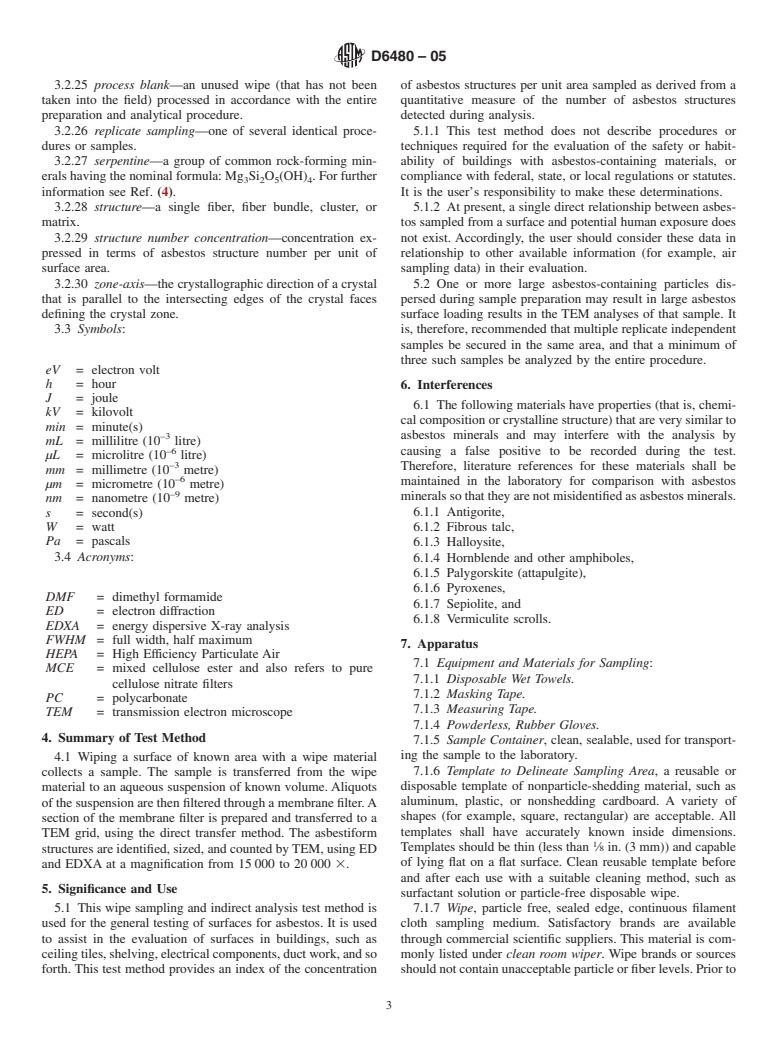 ASTM D6480-05 - Standard Test Method for Wipe Sampling of Surfaces, Indirect Preparation, and Analysis for Asbestos Structure Number Concentration by Transmission Electron Microscopy