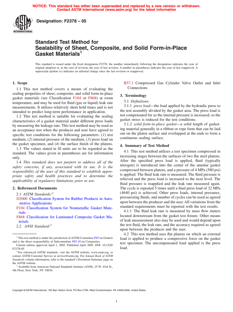 ASTM F2378-05 - Standard Test Method for Sealability of Sheet, Composite, and Solid Form-in-Place Gasket Materials