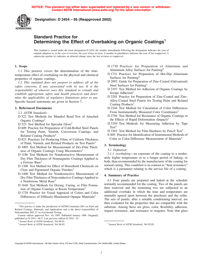 ASTM D2454-95(2002) - Standard Practice for Determining the Effect of Overbaking on Organic Coatings