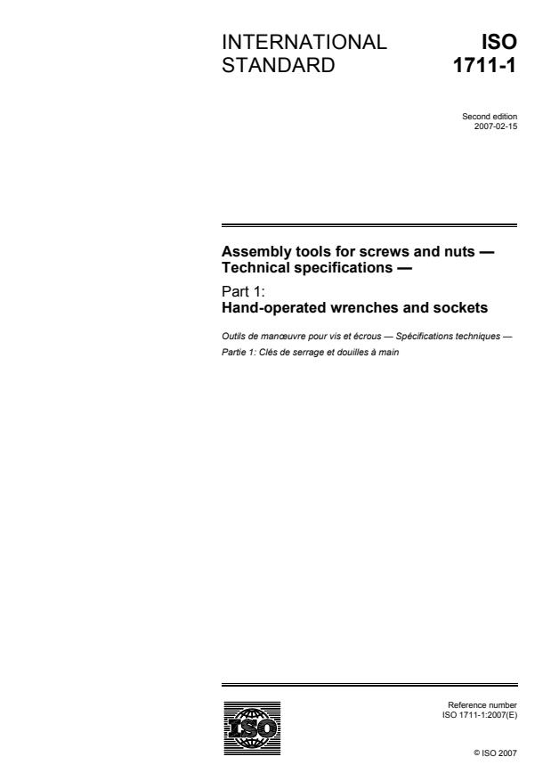 ISO 1711-1:2007 - Assembly tools for screws and nuts -- Technical specifications