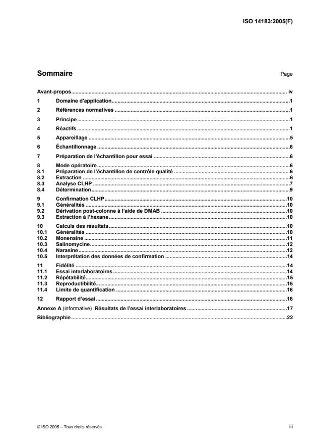 ISO 14183:2005 - Aliments des animaux -- Détermination des teneurs en monensine, narasine et salinomycine -- Méthode par chromatographie liquide utilisant la dérivatisation post-colonne
