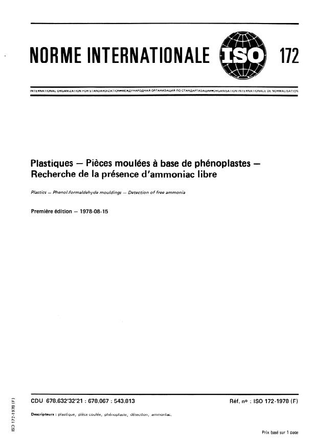 ISO 172:1978 - Plastiques -- Pieces moulées a base de phénoplastes -- Recherche de la présence d'ammoniac libre