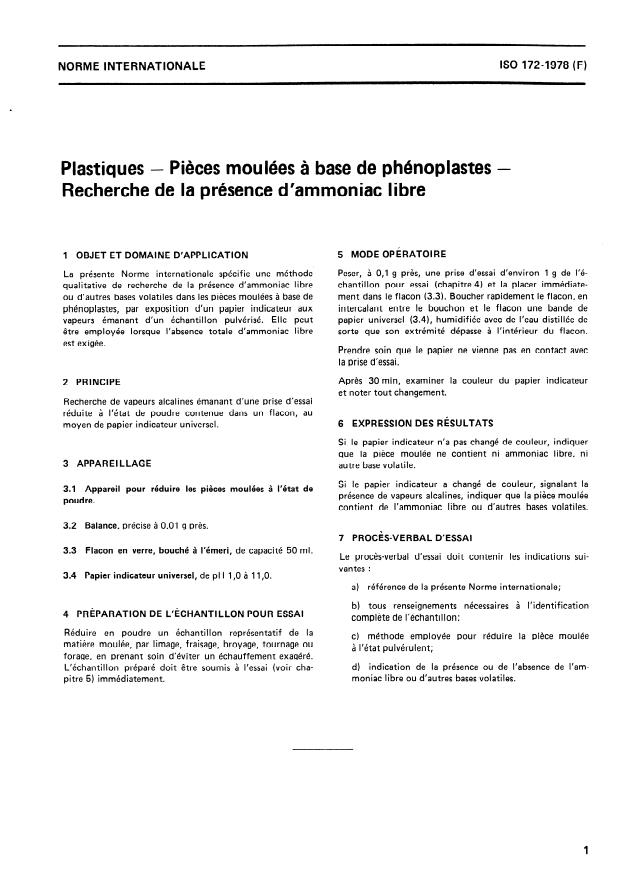 ISO 172:1978 - Plastiques -- Pieces moulées a base de phénoplastes -- Recherche de la présence d'ammoniac libre