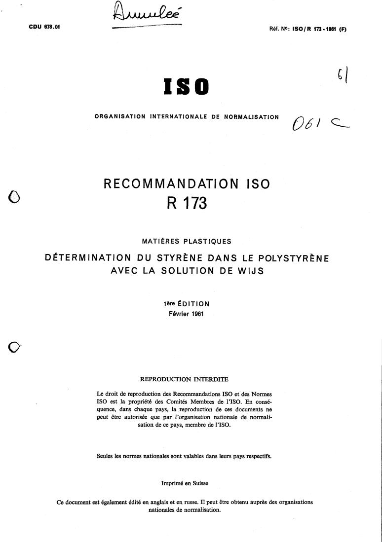ISO/R 173:1961 - Withdrawal of ISO/R 173-1961
Released:2/1/1961