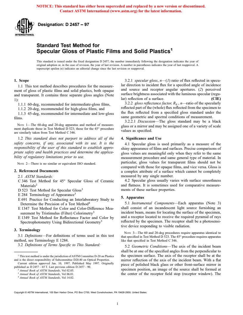 ASTM D2457-97 - Standard Test Method for Specular Gloss of Plastic Films and Solid Plastics