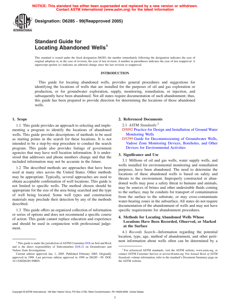 ASTM D6285-99(2005) - Standard Guide for Locating Abandoned Wells