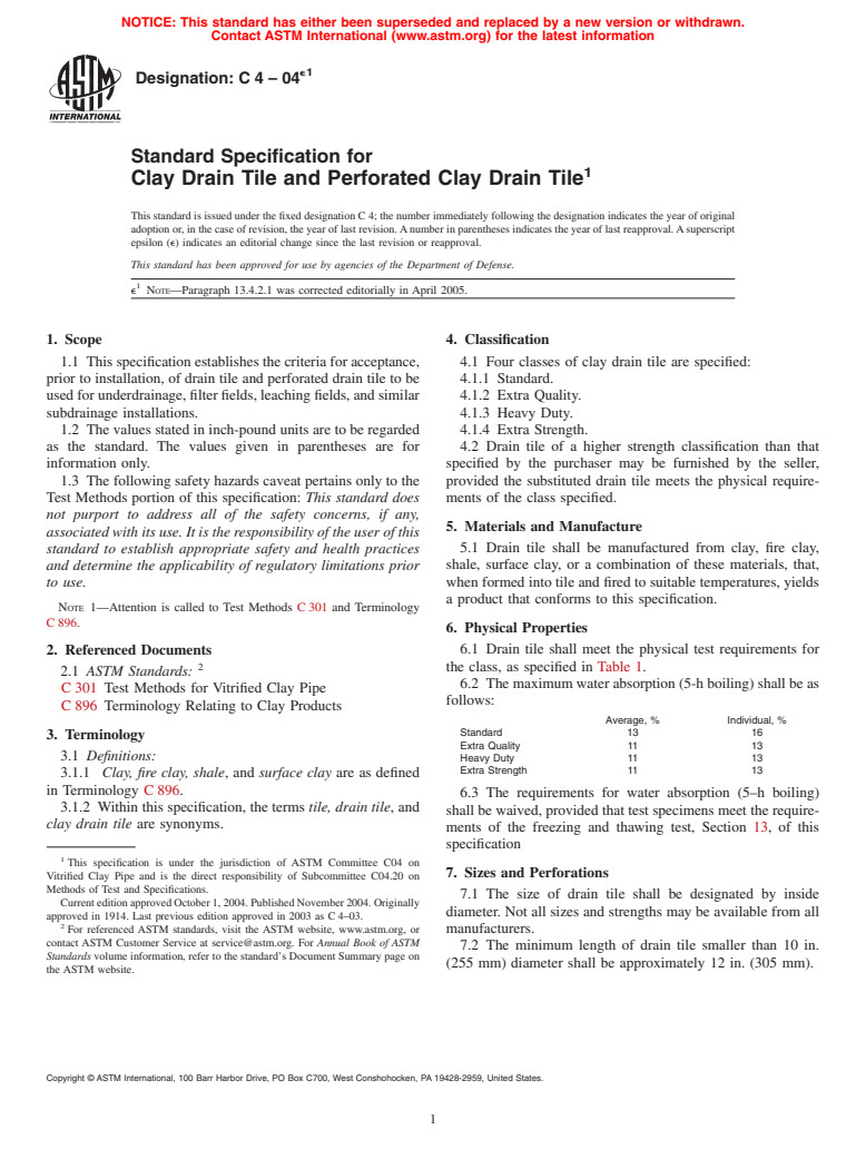 ASTM C4-04e1 - Standard Specification for Clay Drain Tile and Perforated Clay Drain Tile