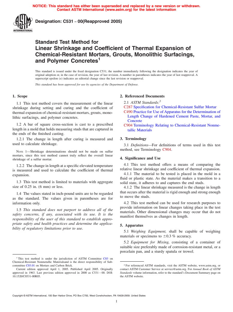 ASTM C531-00(2005) - Standard Test Method for Linear Shrinkage and Coefficient of Thermal Expansion of Chemical-Resistant Mortars, Grouts, Monolithic Surfacings, and Polymer Concretes