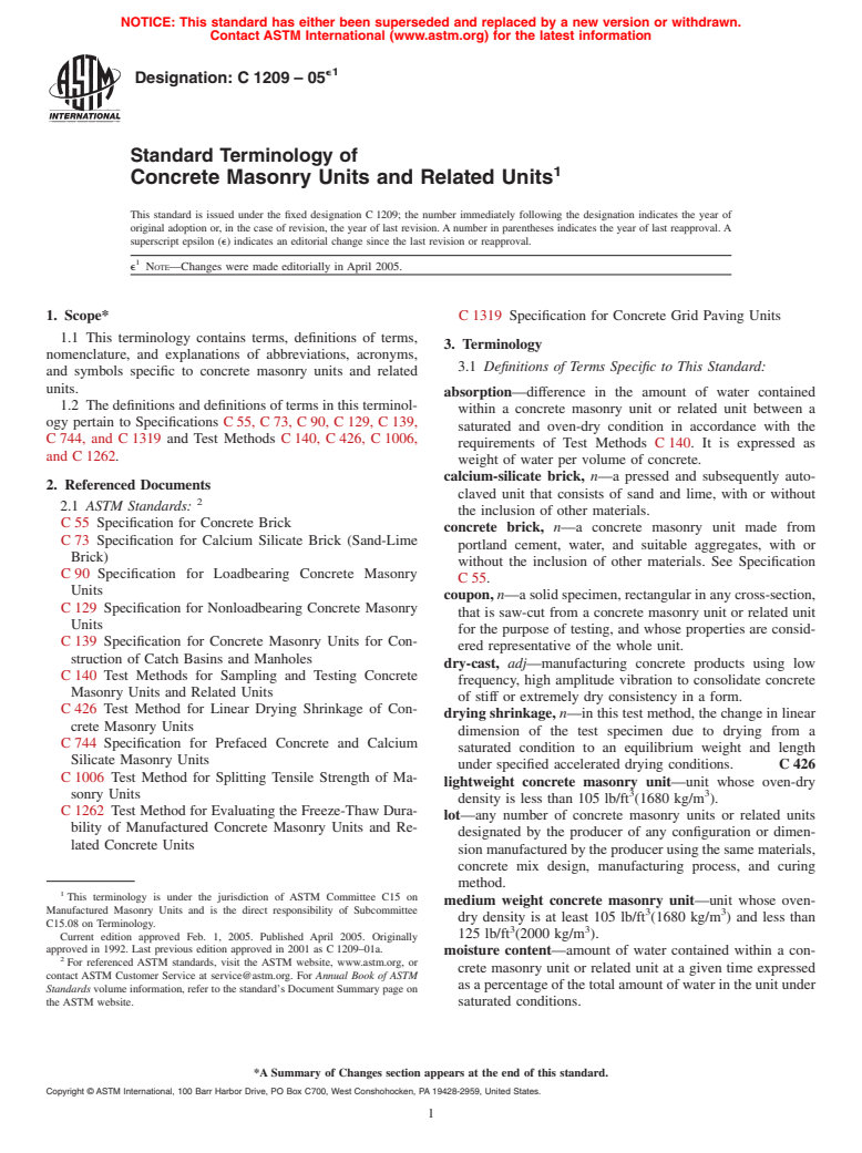 ASTM C1209-05e1 - Standard Terminology of Concrete Masonry Units and Related Units (Withdrawn 2009)