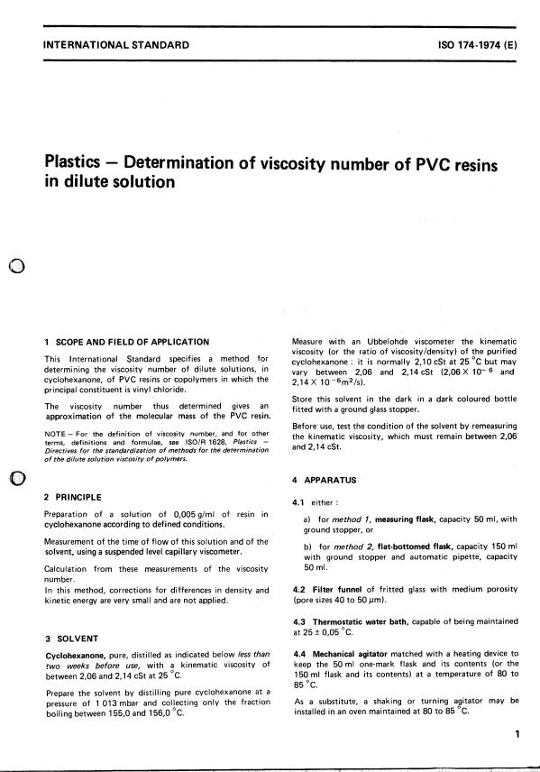 ISO 174:1974 - Plastics -- Homopolymer and copolymer resins of vinyl chloride -- Determination of viscosity number in dilute solution