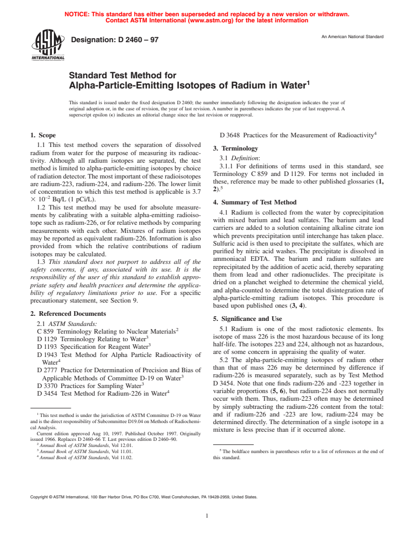 ASTM D2460-97 - Standard Test Method for Alpha-Particle-Emitting Isotopes of Radium in Water