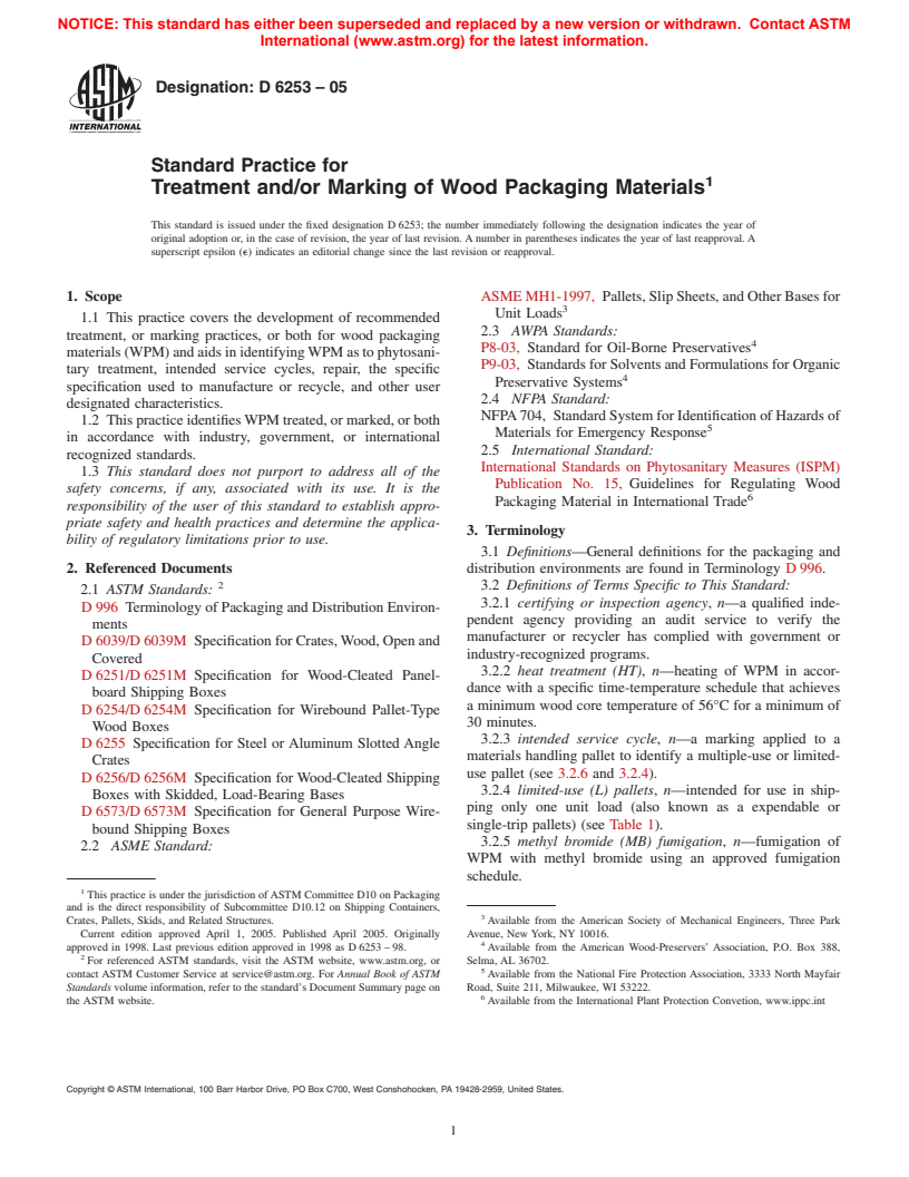 ASTM D6253-05 - Standard Practice for Treatment and/or Marking of Wood Packaging Materials