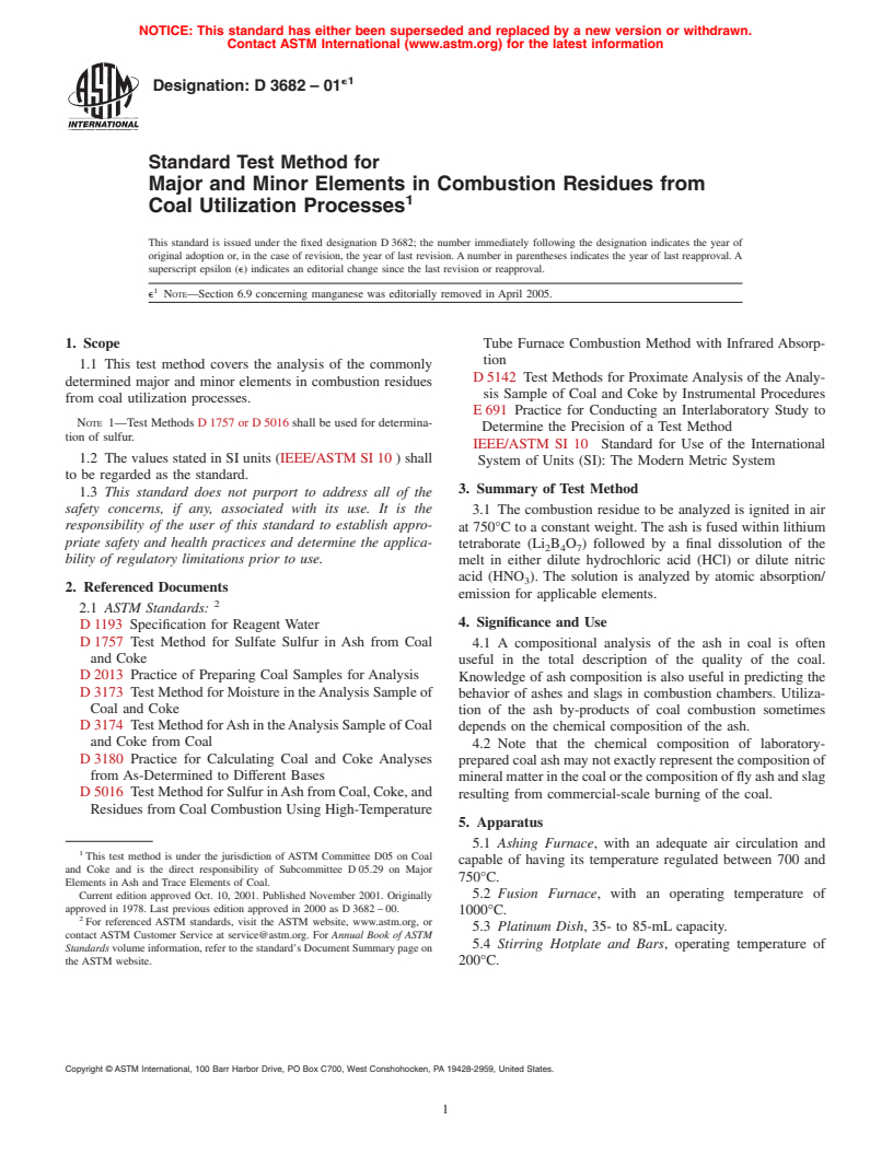 ASTM D3682-01e1 - Standard Test Method for Major and Minor Elements in Combustion Residues from Coal Utilization Processes