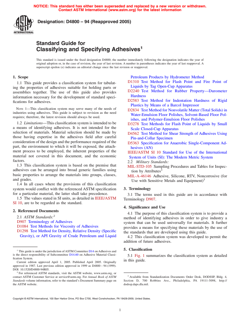 ASTM D4800-94(2005) - Standard Guide for Classifying and Specifying Adhesives