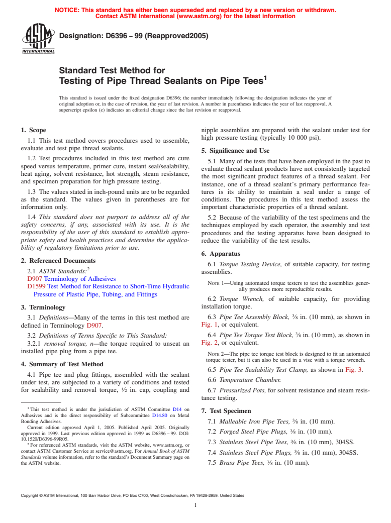 ASTM D6396-99(2005) - Standard Test Method for Testing of Pipe Thread Sealants on Pipe Tees