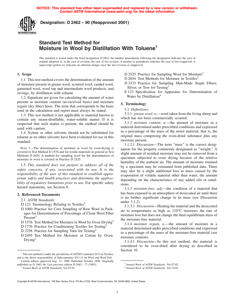 ASTM D2462-90(2001) - Standard Test Method for Moisture in Wool by Distillation With Toluene