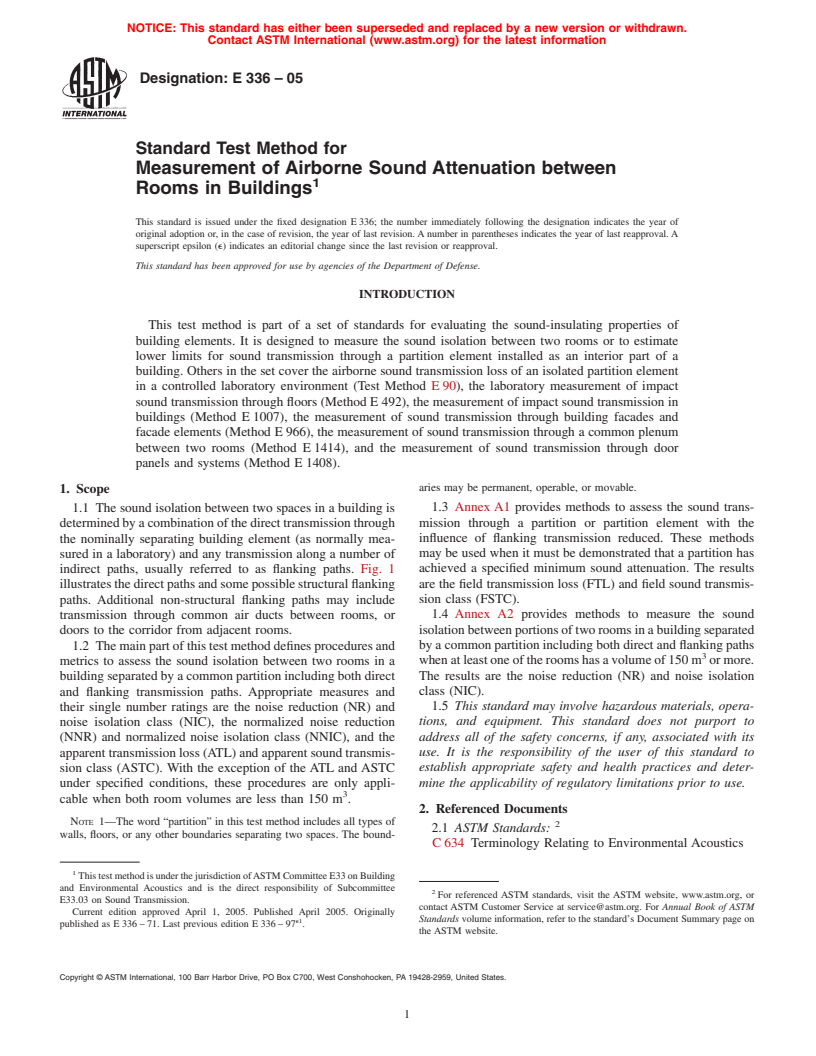 ASTM E336-05 - Standard Test Method for Measurement of Airborne Sound Insulation in Buildings