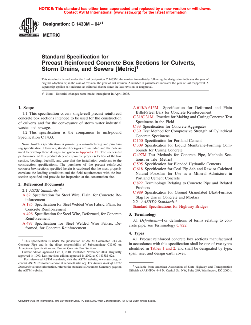 ASTM C1433M-04e1 - Standard Specification for Precast Reinforced Concrete Box Sections for Culverts, Storm Drains, and Sewers (Metric)