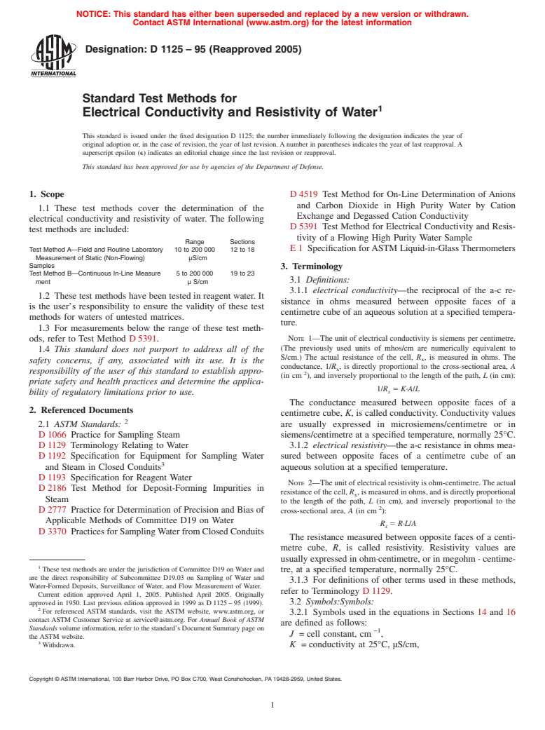 ASTM D1125-95(2005) - Standard Test Methods for Electrical Conductivity and Resistivity of Water