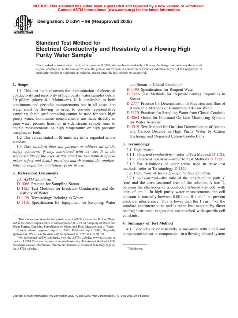 ASTM D5391-99(2005) - Standard Test Method for Electrical Conductivity and Resistivity of a Flowing High Purity Water Sample