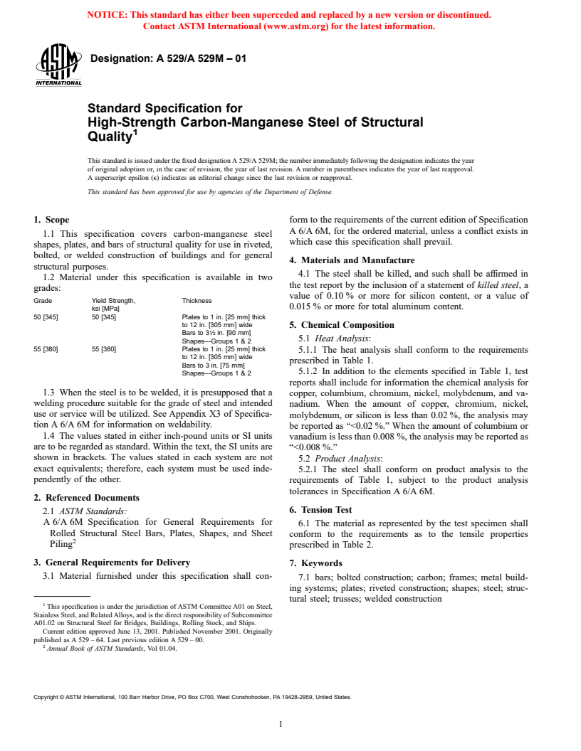 ASTM A529/A529M-01 - Standard Specification for High-Strength Carbon-Manganese Steel of Structural Quality