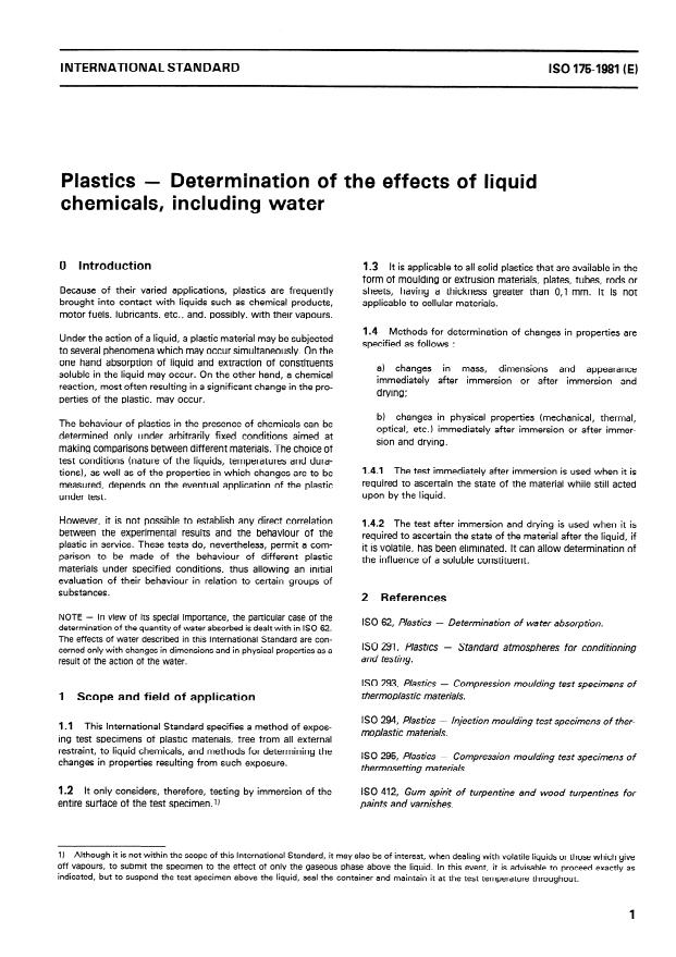 ISO 175:1981 - Plastics -- Determination of the effects of liquid chemicals, including water