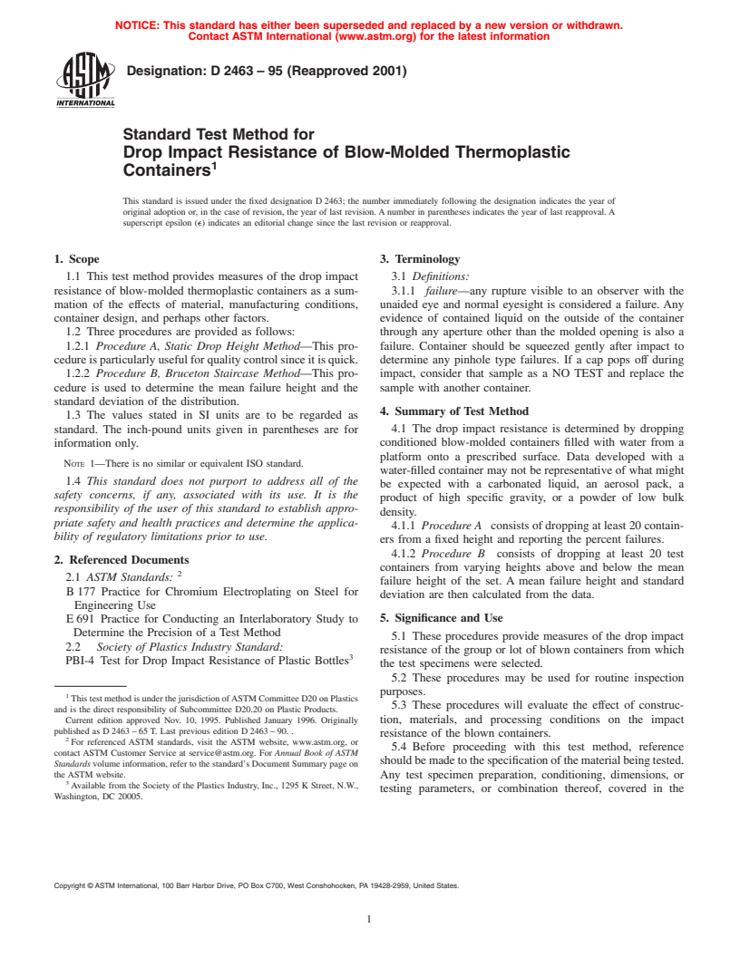 ASTM D2463-95(2001) - Standard Test Method for Drop Impact Resistance of Blow-Molded Thermoplastic Containers