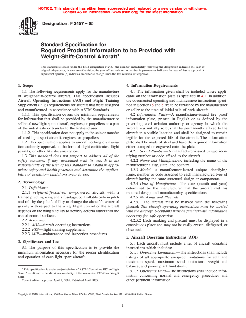 ASTM F2457-05 - Standard Specification for Required Product Information to be Provided with Weight-Shift-Control Aircraft