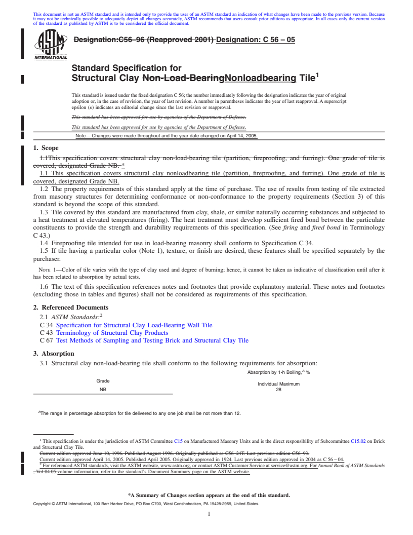REDLINE ASTM C56-05 - Standard Specification for Structural Clay Nonloadbearing Tile