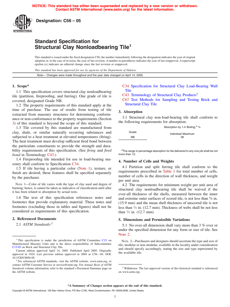 ASTM C56-05 - Standard Specification for Structural Clay Nonloadbearing Tile