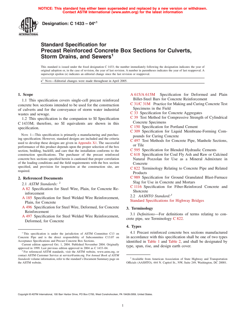 ASTM C1433-04e1 - Standard Specification for Precast Reinforced Concrete Box Sections for Culverts, Storm Drains, and Sewers