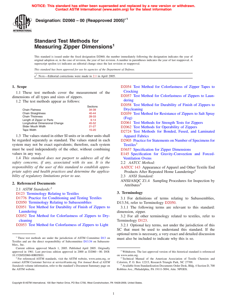 ASTM D2060-00(2005)e1 - Standard Test Methods for Measuring Zipper Dimensions