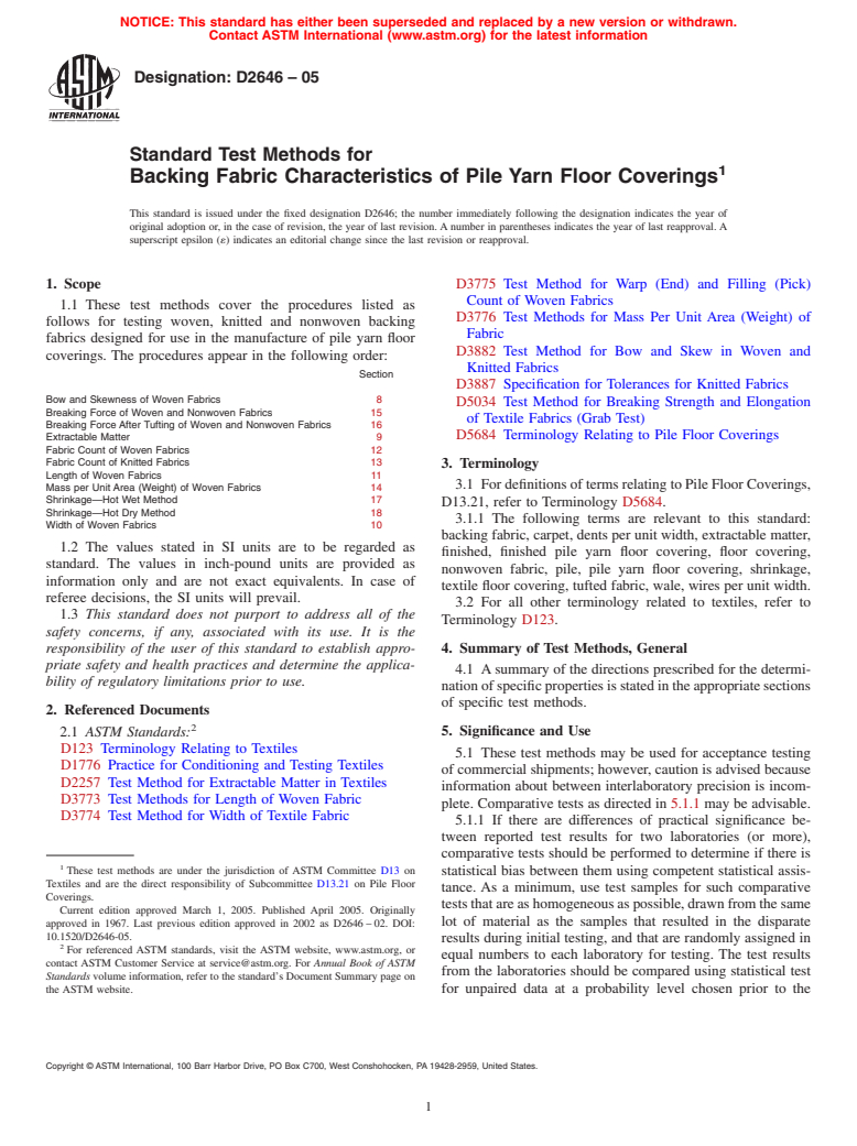 ASTM D2646-05 - Standard Test Methods for Backing Fabric Characteristics of Pile Yarn Floor Coverings