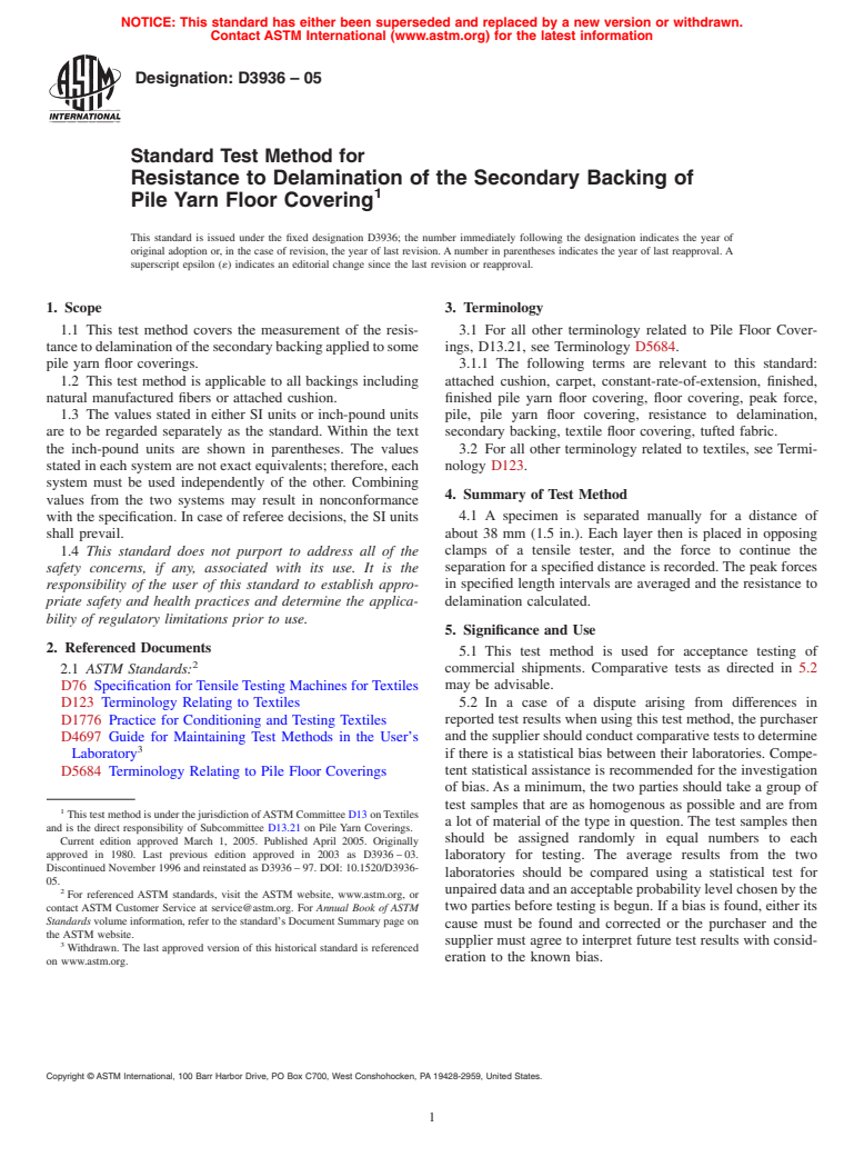 ASTM D3936-05 - Standard Test Method for Resistance to Delamination of the Secondary Backing of Pile Yarn Floor Covering