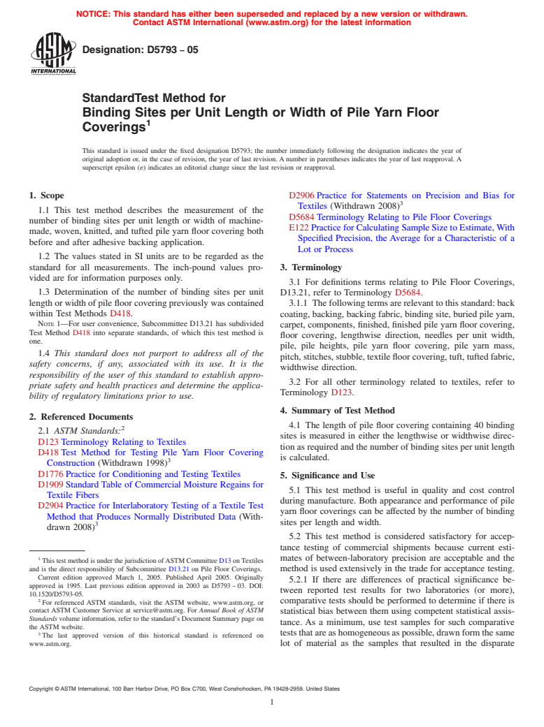 ASTM D5793-05 - Standard Test Method for Binding Sites Per Unit Length or Width of Pile Yarn Floor Coverings