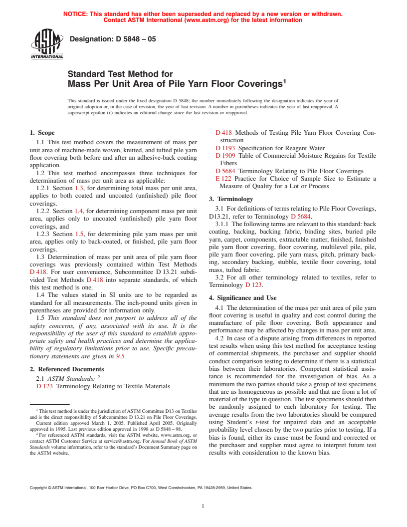 ASTM D5848-05 - Standard Test Method for Mass Per Unit Area of Pile Yarn Floor Coverings