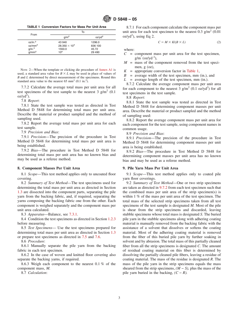 ASTM D5848-05 - Standard Test Method for Mass Per Unit Area of Pile Yarn Floor Coverings