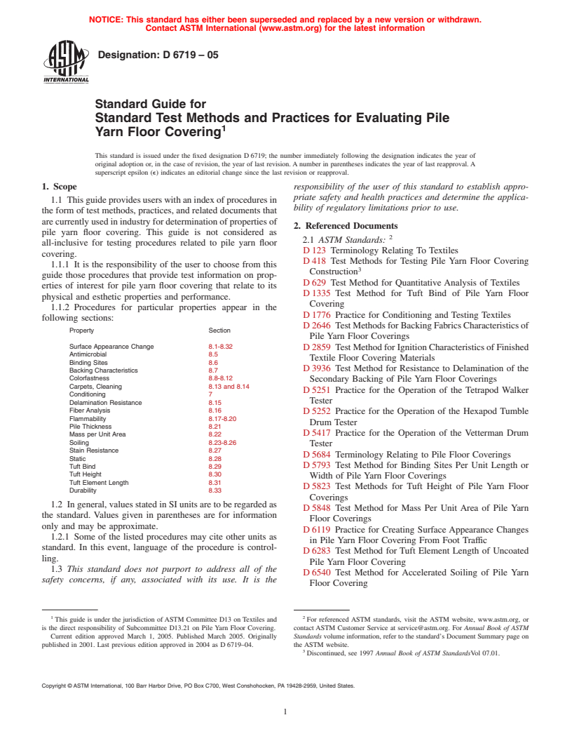 ASTM D6719-05 - Standard Guide for Standard Test Methods and Practices for Evaluating Pile Yarn Floor Covering