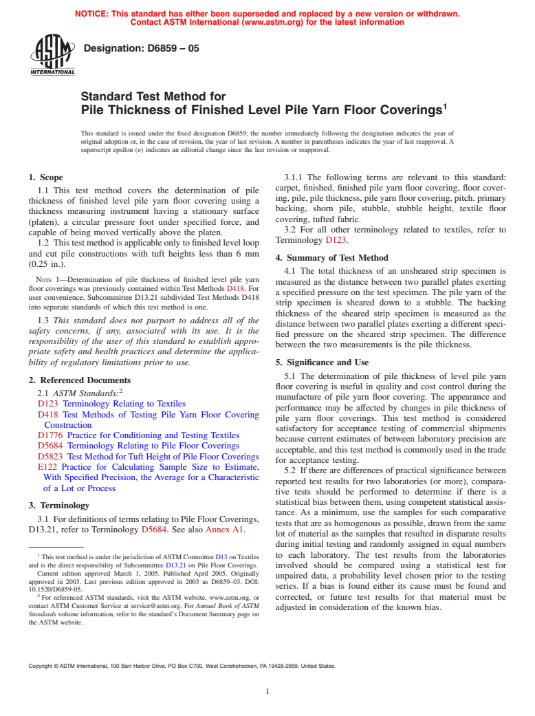 ASTM D6859-05 - Standard Test Method for Pile Thickness of Finished Level Pile Yarn Floor Coverings