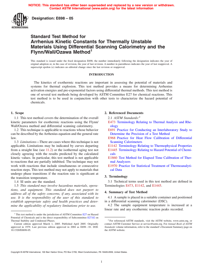 ASTM E698-05 - Standard Test Method for Arrhenius Kinetic Constants for Thermally Unstable Materials