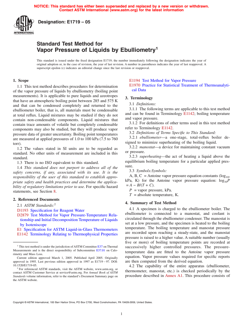 ASTM E1719-05 - Standard Test Method for Vapor Pressure of Liquids by Ebulliometry