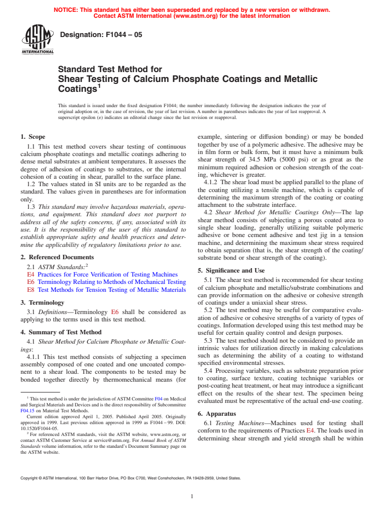 ASTM F1044-05 - Standard Test Method for Shear Testing of Calcium Phosphate Coatings and Metallic Coatings