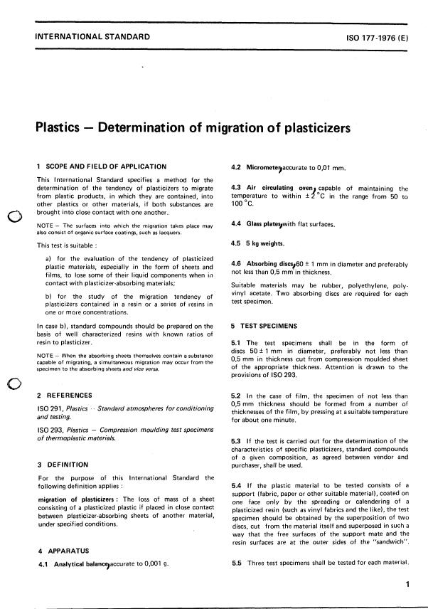 ISO 177:1976 - Plastics -- Determination of migration of plasticizers