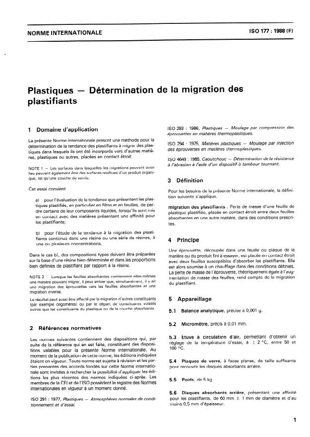 ISO 177:1988 - Plastiques -- Détermination de la migration des plastifiants