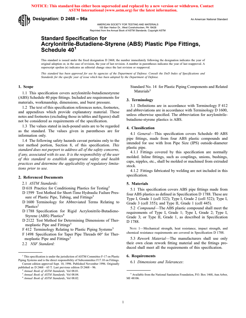 ASTM D2468-96a - Standard Specification for Acrylonitrile-Butadiene-Styrene (ABS) Plastic Pipe Fittings, Schedule 40 (Withdrawn 2003)