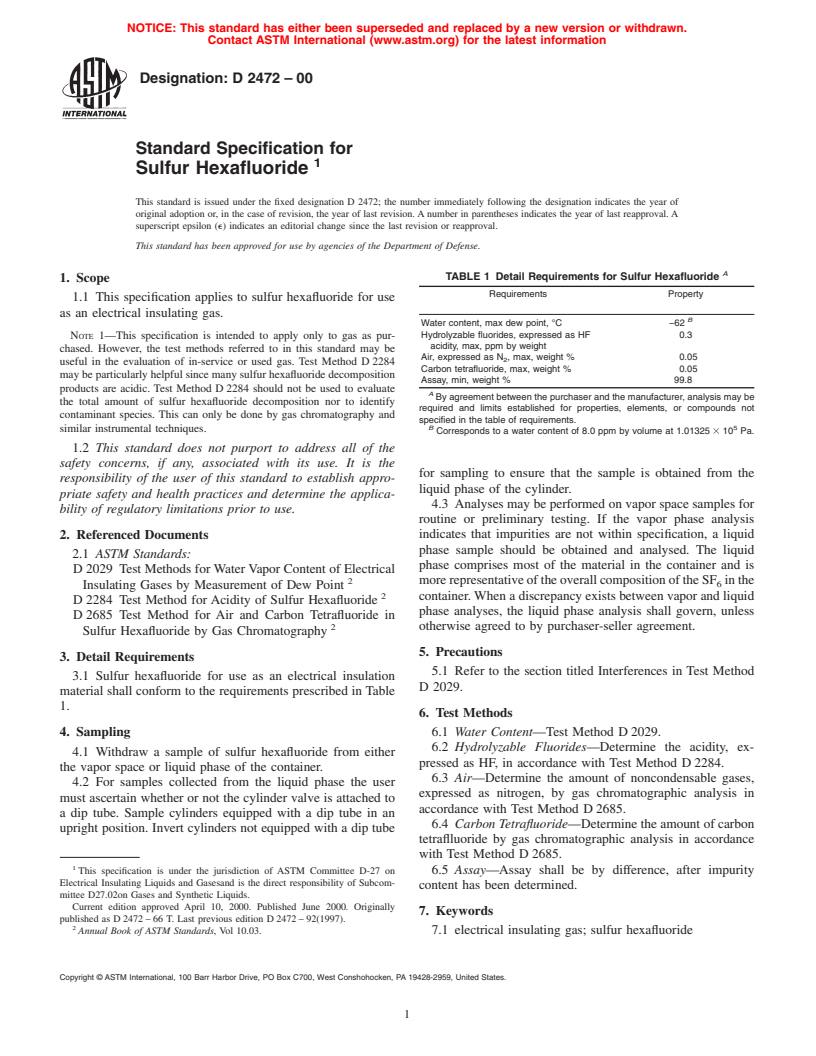 ASTM D2472-00 - Standard Specification for Sulfur Hexafluoride